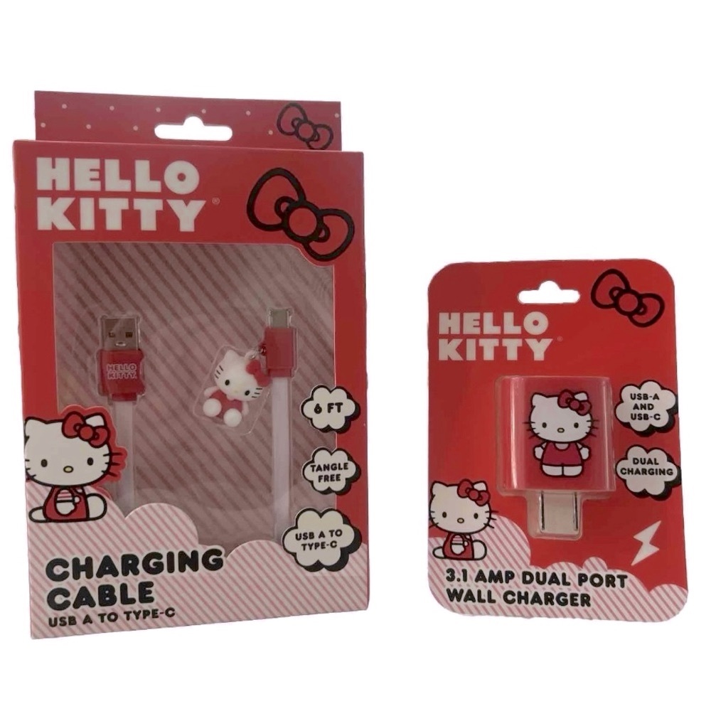 Hello Kitty Red USB-A to USB-C Cable Hello Kitty Charm Dual-Port Wall Charger